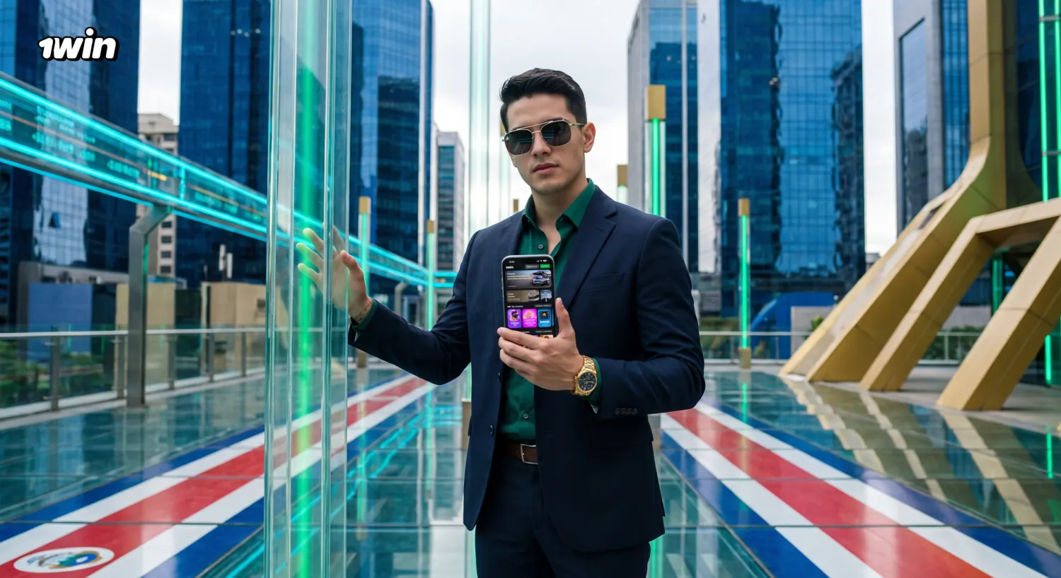 Apostador con la plataforma de 1win en el celular en pleno centro de San José