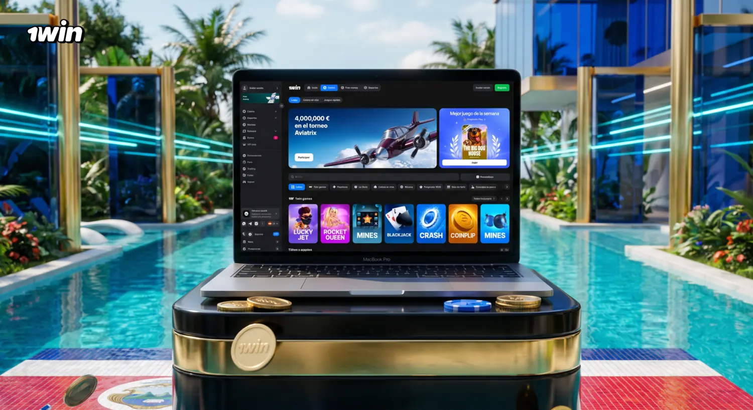 Lobby de casino de 1win en una laptop, con el torneo Aviatrix y su premio en pantalla