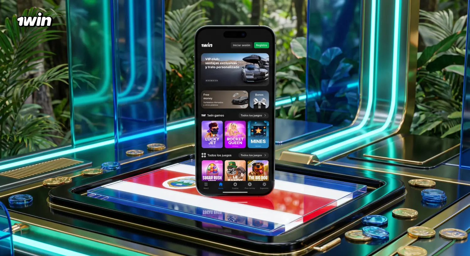 Catálogo de juegos de 1win en un celular, con Lucky Jet, Rocket Queen y Mines a la vista